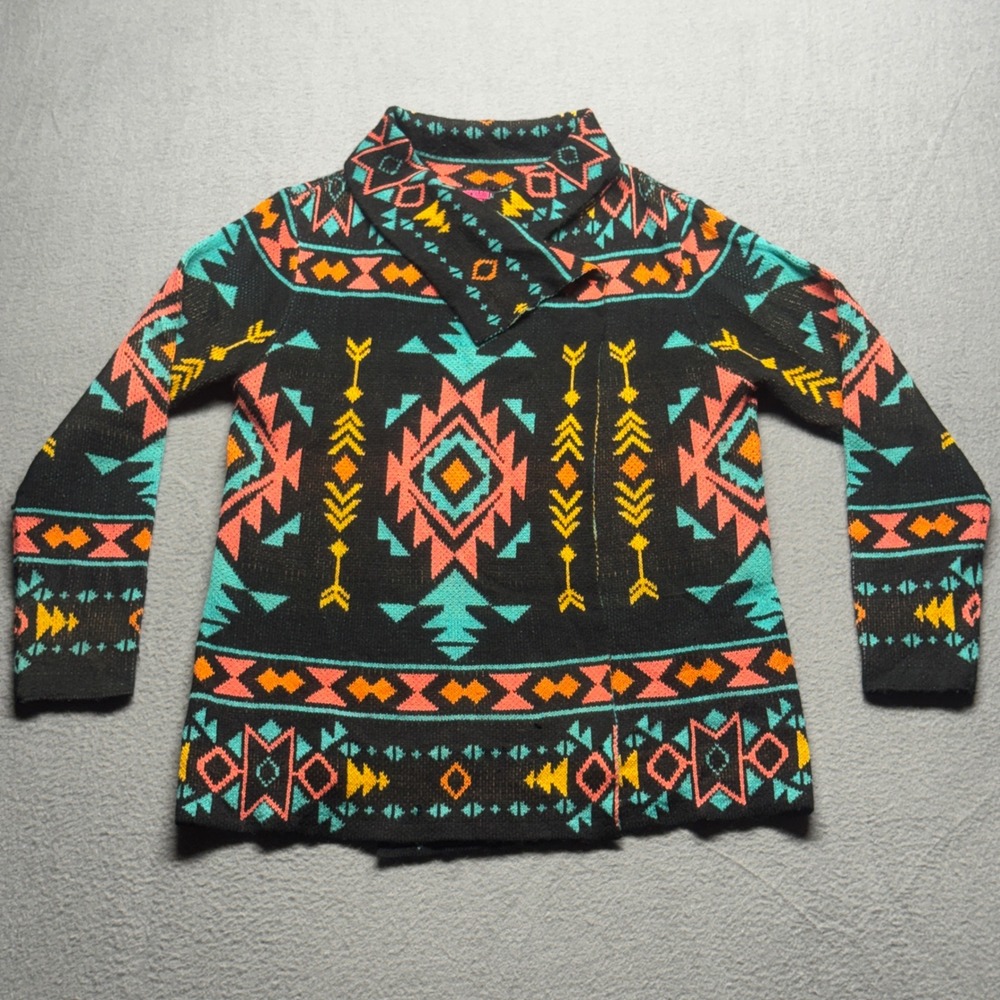 Rock & Roll Cowgirl Southwestern Cardigan Sweater L Black Aztec Geometric Open